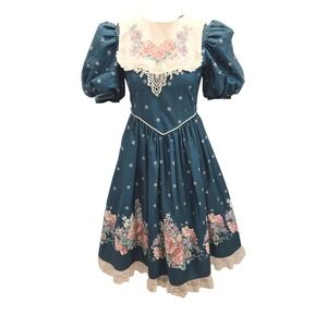 80s Vtg Daisy Kingdom/Handmade  Girls Prairie Dress  Teal Floral Lace Sz 12/14
